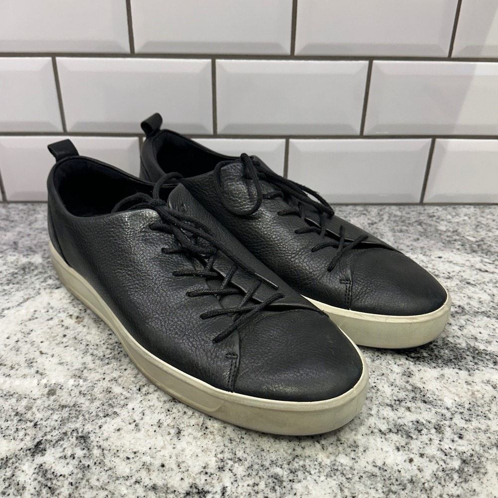 ECCO Mens 46 Soft Sneaker Black Pebbled Leather Low Top Casual Minimalist